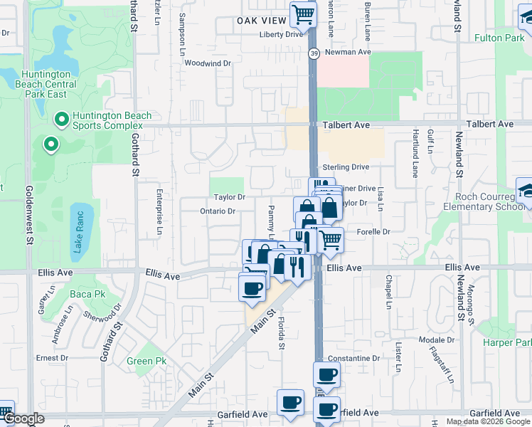 map of restaurants, bars, coffee shops, grocery stores, and more near 18352 Pammy Lane in Huntington Beach