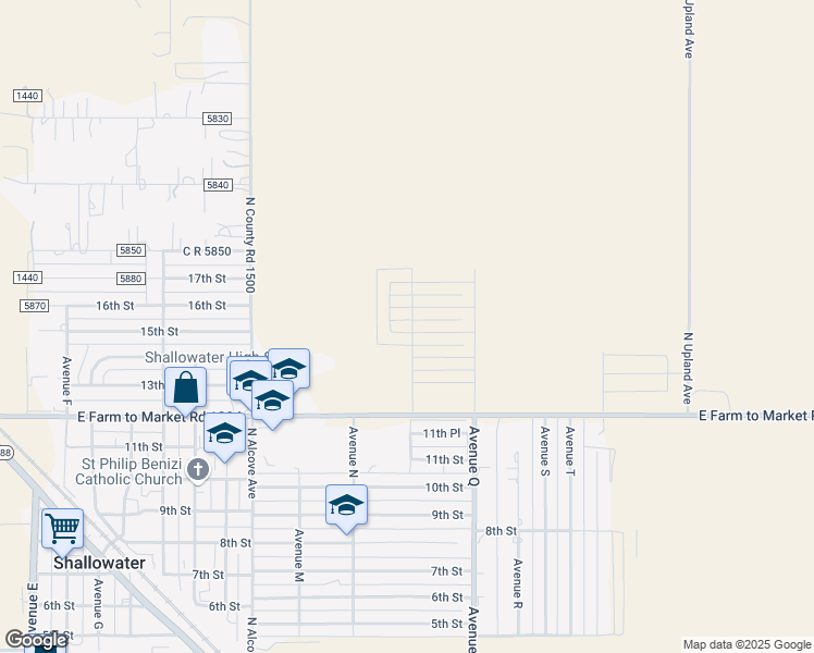 map of restaurants, bars, coffee shops, grocery stores, and more near 1260 12th Street in Shallowater