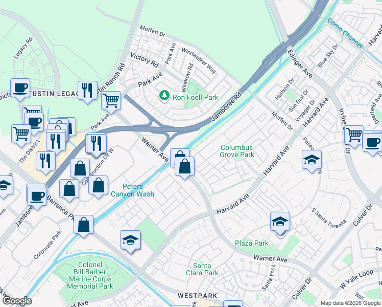 map of restaurants, bars, coffee shops, grocery stores, and more near 309 Larkspur Street in Tustin