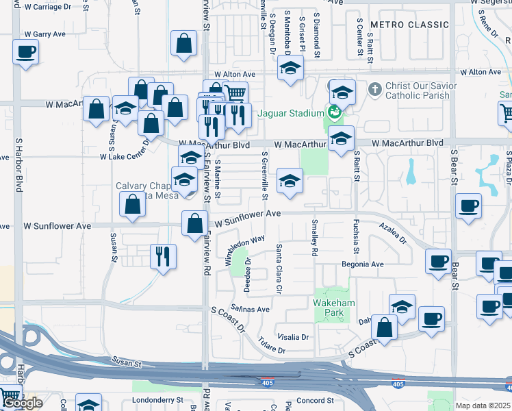 map of restaurants, bars, coffee shops, grocery stores, and more near 3498 Queens Court in Costa Mesa