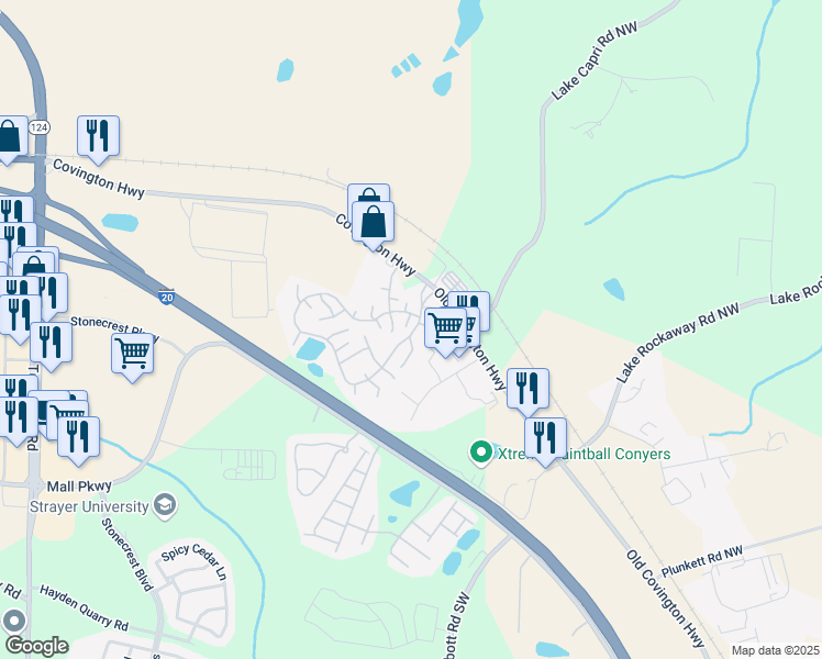 map of restaurants, bars, coffee shops, grocery stores, and more near 91 East Meadow Lane Southwest in Conyers