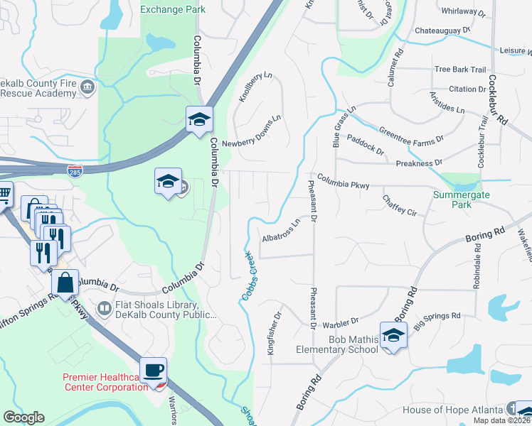 map of restaurants, bars, coffee shops, grocery stores, and more near 3047 Albatross Lane in Decatur