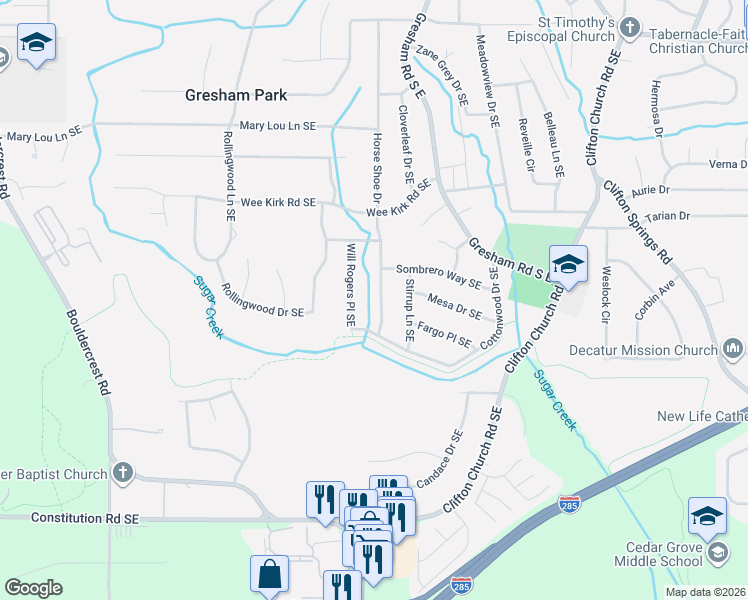 map of restaurants, bars, coffee shops, grocery stores, and more near 3257 Cottonwood Drive Southeast in Atlanta