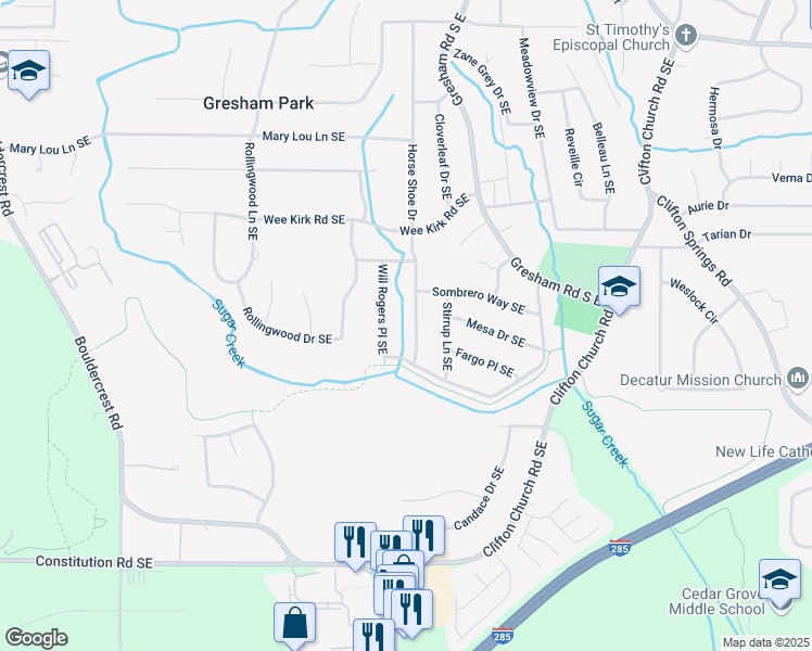 map of restaurants, bars, coffee shops, grocery stores, and more near 3047 Horse Shoe Drive in Atlanta