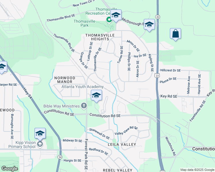 map of restaurants, bars, coffee shops, grocery stores, and more near 2038 Thomasville Drive Southeast in Atlanta