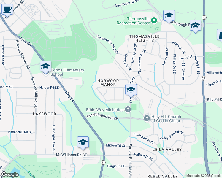 map of restaurants, bars, coffee shops, grocery stores, and more near 819 Norwood Road Southeast in Atlanta