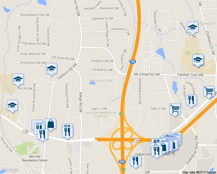 map of restaurants, bars, coffee shops, grocery stores, and more near 2132 Briar Glen Lane Southwest in Atlanta