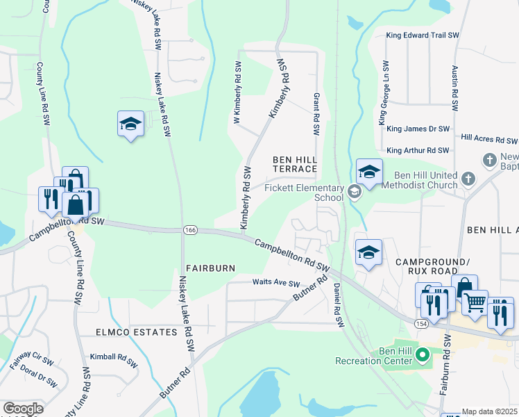 map of restaurants, bars, coffee shops, grocery stores, and more near 2122 Kimberly Road Southwest in Atlanta