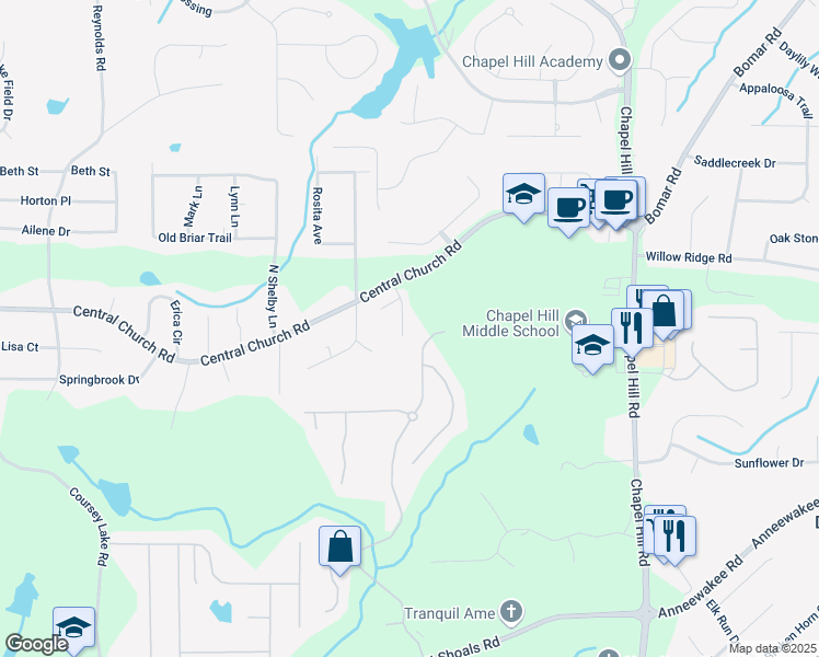 map of restaurants, bars, coffee shops, grocery stores, and more near 9996 Village South Drive in Douglasville