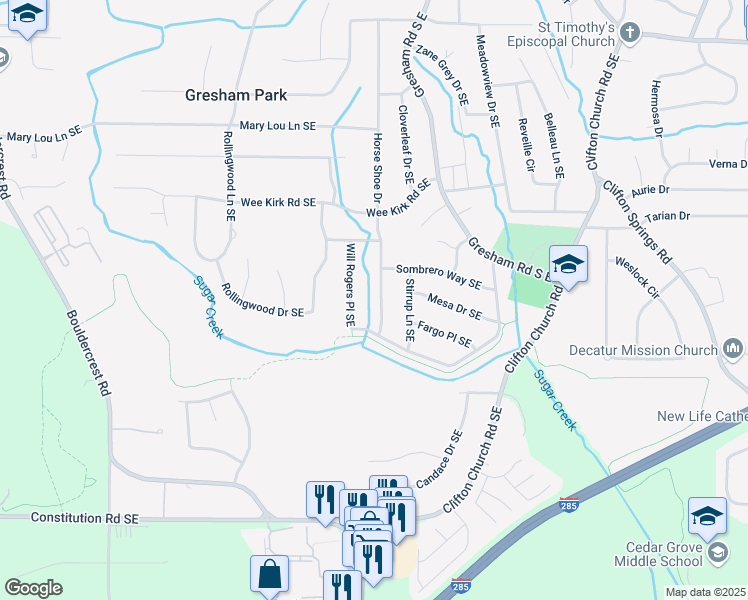 map of restaurants, bars, coffee shops, grocery stores, and more near 3047 Horse Shoe Drive in Atlanta