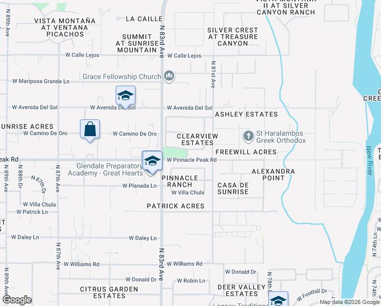map of restaurants, bars, coffee shops, grocery stores, and more near 8210 West Monte Lindo Lane in Peoria