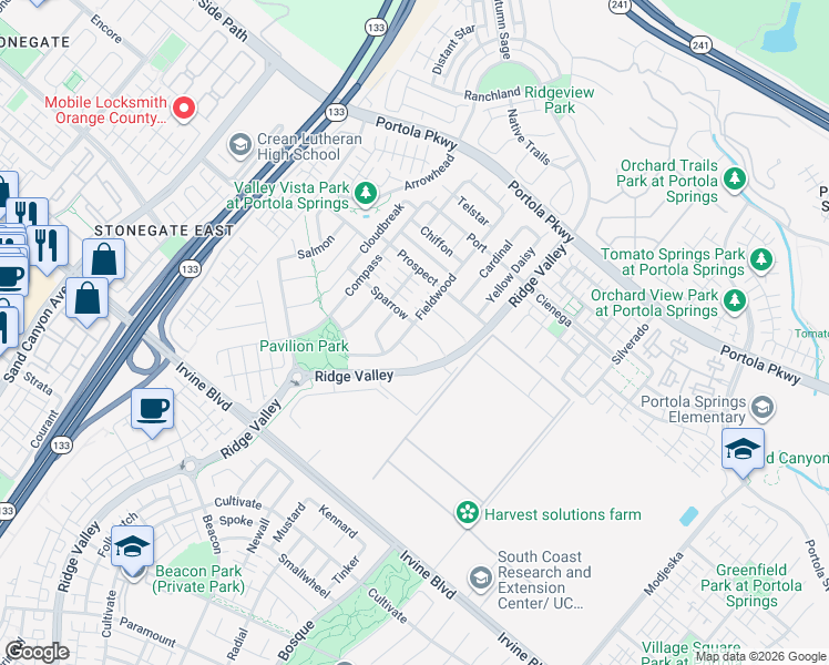 map of restaurants, bars, coffee shops, grocery stores, and more near 116 Sparrow in Irvine