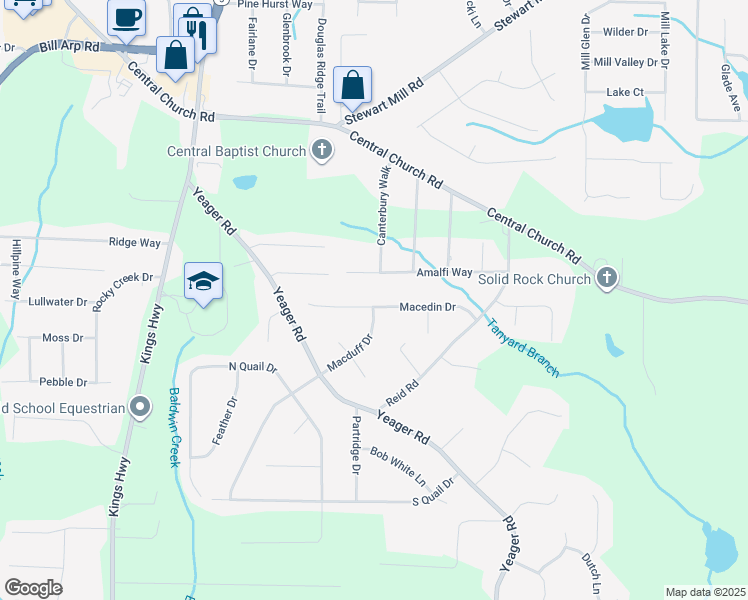 map of restaurants, bars, coffee shops, grocery stores, and more near 5760 Macedin Drive in Douglasville