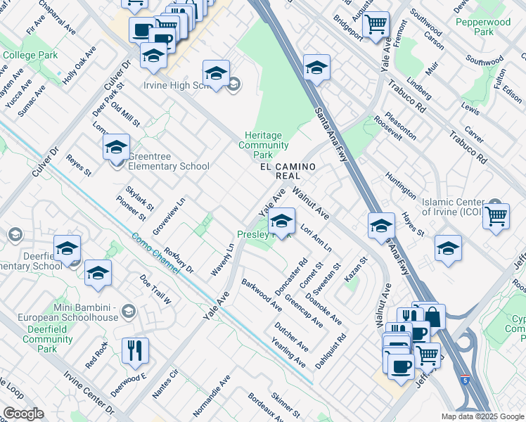 map of restaurants, bars, coffee shops, grocery stores, and more near Yale Avenue in Irvine