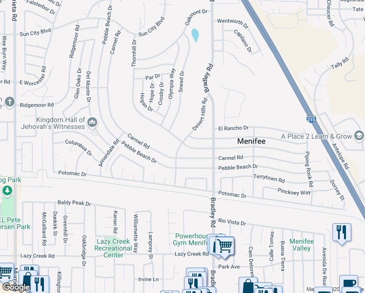 map of restaurants, bars, coffee shops, grocery stores, and more near 29211 Thornhill Drive in Menifee