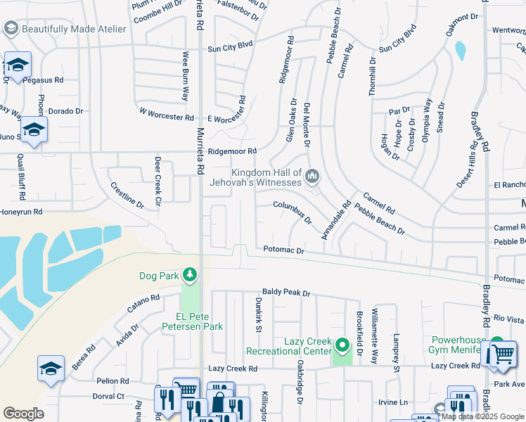 map of restaurants, bars, coffee shops, grocery stores, and more near 26203 Columbus Drive in Menifee