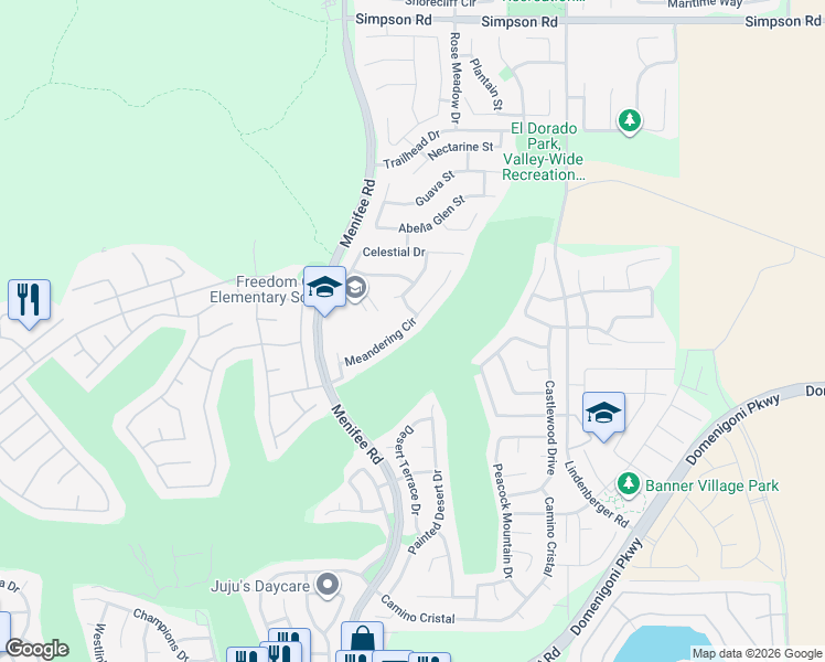 map of restaurants, bars, coffee shops, grocery stores, and more near 29180 Meandering Circle in Menifee