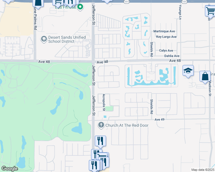 map of restaurants, bars, coffee shops, grocery stores, and more near 80122 Queensboro Drive in Indio
