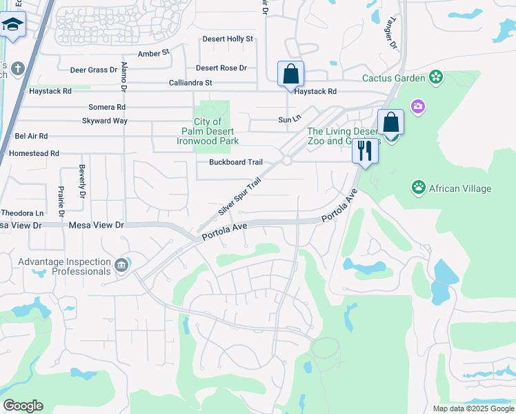 map of restaurants, bars, coffee shops, grocery stores, and more near 73460 Agave Lane in Palm Desert