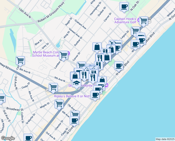 map of restaurants, bars, coffee shops, grocery stores, and more near 1105 Legion Street in Myrtle Beach