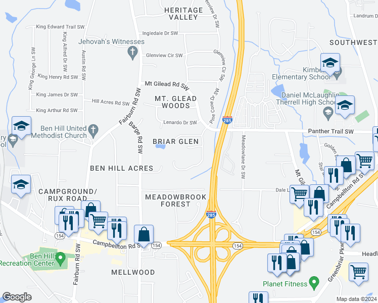 map of restaurants, bars, coffee shops, grocery stores, and more near 2024 Briar Trail Court Southwest in Atlanta