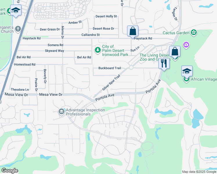 map of restaurants, bars, coffee shops, grocery stores, and more near 73380 Agave Lane in Palm Desert