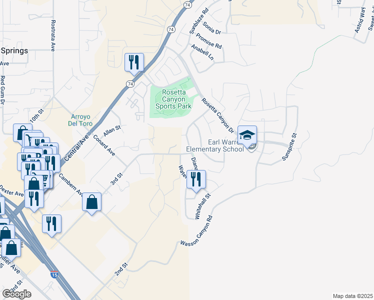 map of restaurants, bars, coffee shops, grocery stores, and more near 40976 Diana Lane in Lake Elsinore