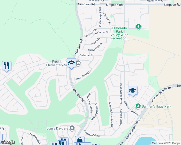 map of restaurants, bars, coffee shops, grocery stores, and more near 29180 Meandering Circle in Menifee