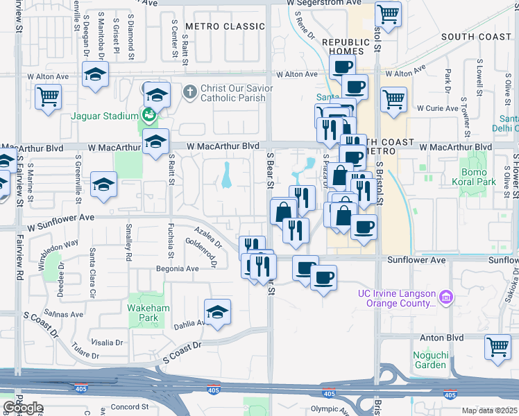 map of restaurants, bars, coffee shops, grocery stores, and more near 3760 South Bear Street in Santa Ana