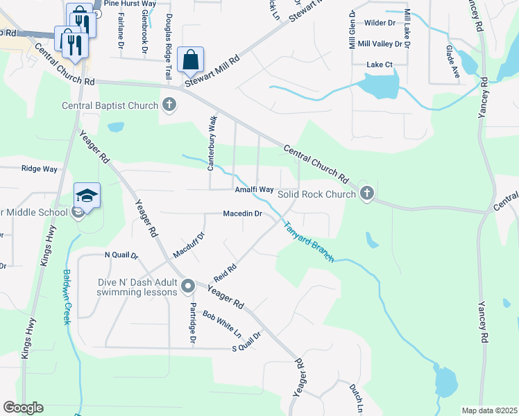 map of restaurants, bars, coffee shops, grocery stores, and more near 5658 Macedin Drive in Douglasville