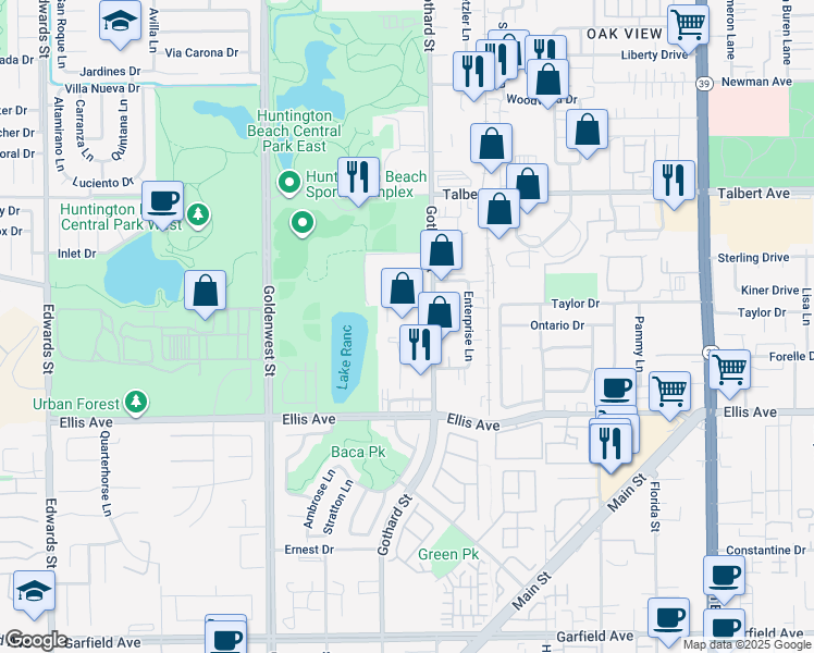 map of restaurants, bars, coffee shops, grocery stores, and more near 18245 Gothard St in Huntington Beach