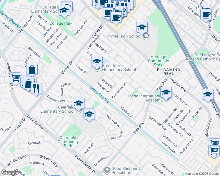 map of restaurants, bars, coffee shops, grocery stores, and more near 4312 Skylark Street in Irvine