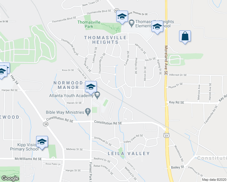 map of restaurants, bars, coffee shops, grocery stores, and more near 2038 Thomasville Drive Southeast in Atlanta