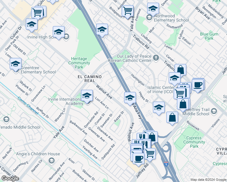 map of restaurants, bars, coffee shops, grocery stores, and more near 47 Heritage in Irvine