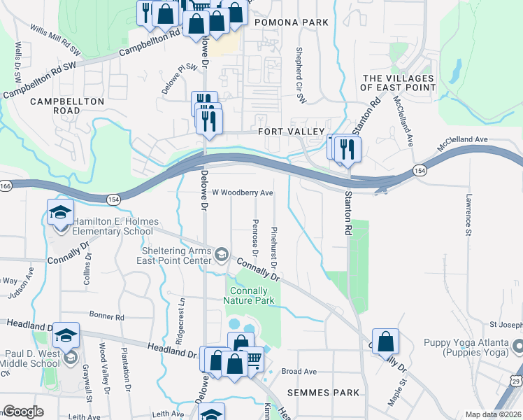 map of restaurants, bars, coffee shops, grocery stores, and more near 2107 Penrose Drive in East Point
