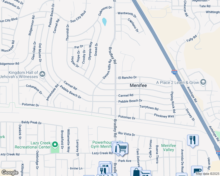 map of restaurants, bars, coffee shops, grocery stores, and more near 29400 Thornhill Drive in Menifee