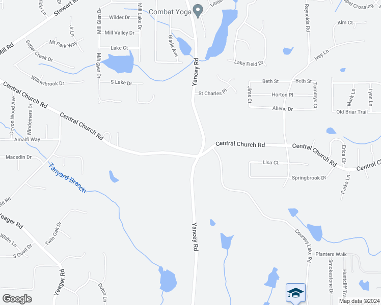 map of restaurants, bars, coffee shops, grocery stores, and more near 5228 Central Church Road in Douglasville