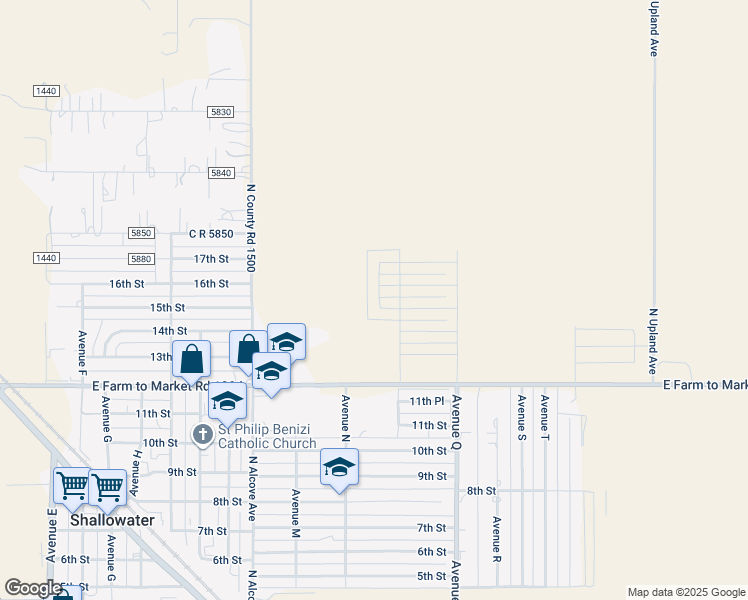 map of restaurants, bars, coffee shops, grocery stores, and more near 1404 16th Street in Shallowater