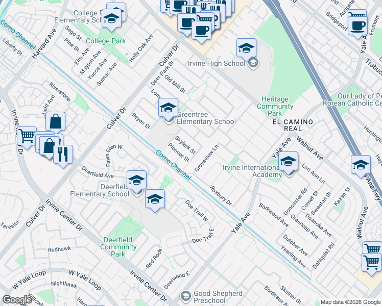 map of restaurants, bars, coffee shops, grocery stores, and more near 4312 Skylark Street in Irvine