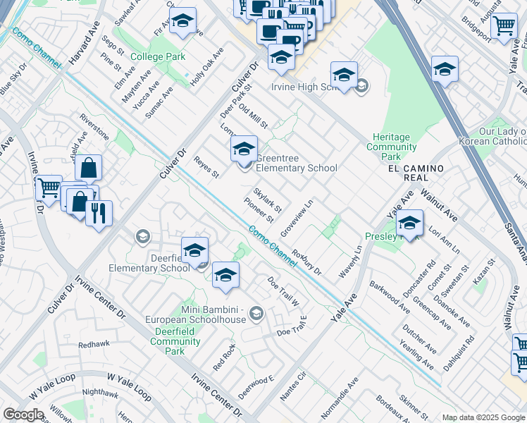 map of restaurants, bars, coffee shops, grocery stores, and more near 4312 Skylark Street in Irvine