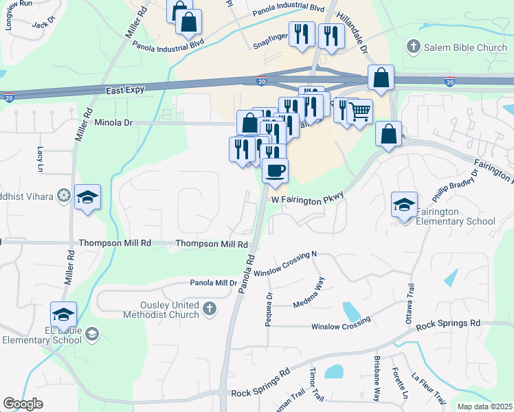 map of restaurants, bars, coffee shops, grocery stores, and more near 3079 Panola Road in Stonecrest