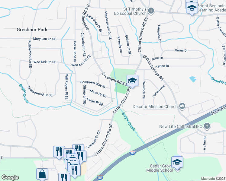 map of restaurants, bars, coffee shops, grocery stores, and more near Cottonwood Drive Southeast in Atlanta