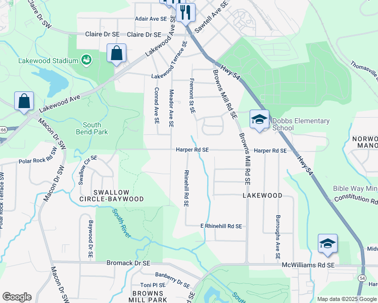map of restaurants, bars, coffee shops, grocery stores, and more near Rhinehill Road Southeast in Atlanta