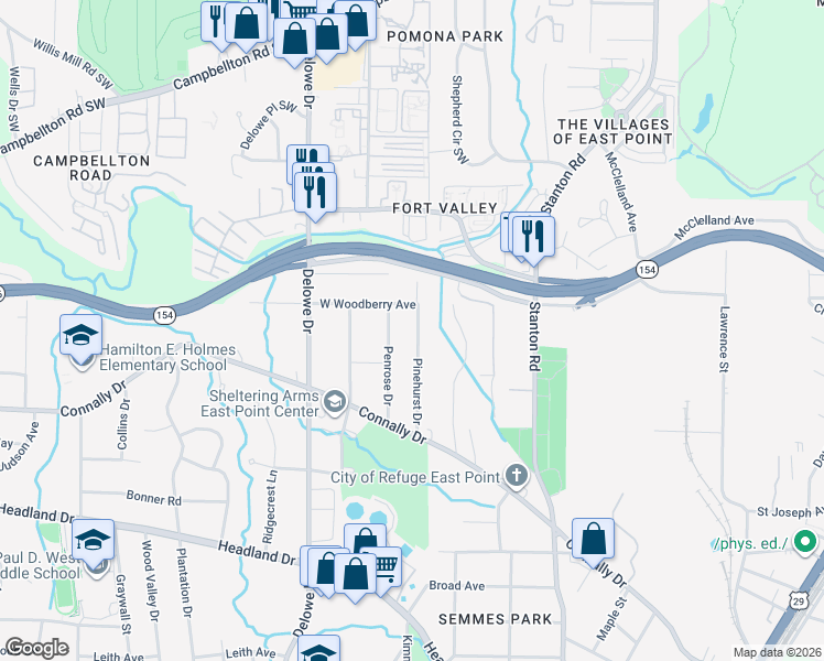 map of restaurants, bars, coffee shops, grocery stores, and more near 2106 Pinehurst Drive in East Point
