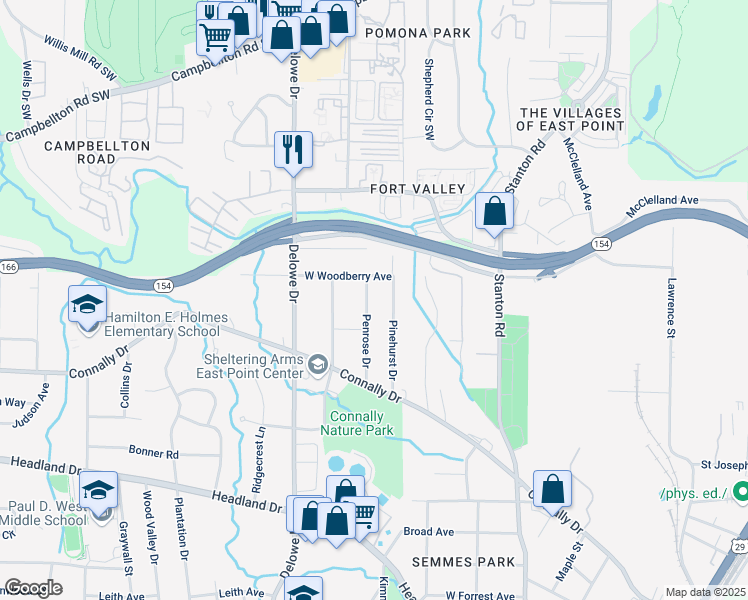 map of restaurants, bars, coffee shops, grocery stores, and more near 2107 Penrose Drive in East Point