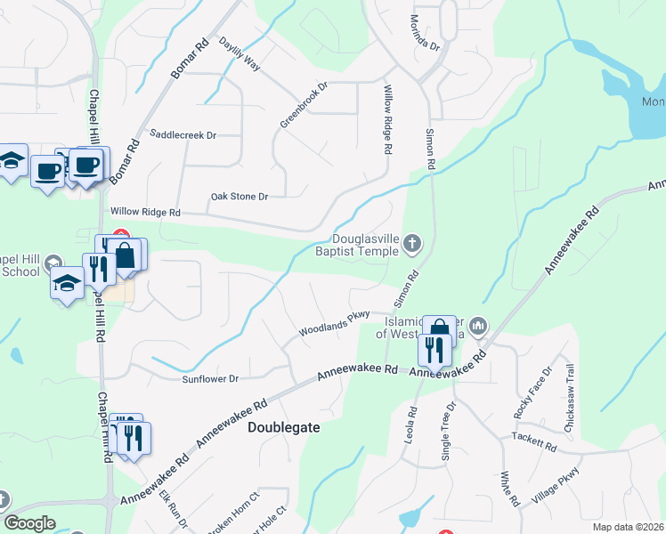 map of restaurants, bars, coffee shops, grocery stores, and more near 4039 Robindale Drive in Douglasville