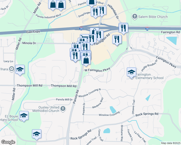 map of restaurants, bars, coffee shops, grocery stores, and more near 3068 Panola Road in Stonecrest