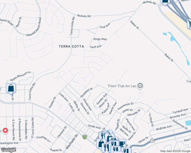 map of restaurants, bars, coffee shops, grocery stores, and more near 920 Porta Marina Lane in Lake Elsinore