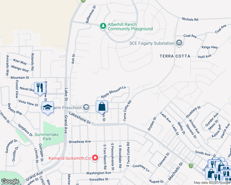map of restaurants, bars, coffee shops, grocery stores, and more near 3465 Apple Blossom Lane in Lake Elsinore