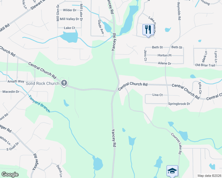 map of restaurants, bars, coffee shops, grocery stores, and more near 5228 Central Church Road in Douglasville